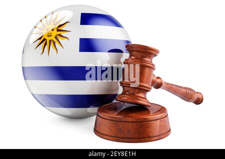 Uruguayischen Recht und Gerechtigkeit Konzept. Holzgavel mit Flagge von Uruguay. 3D Rendering isoliert auf weißem Hintergrund Stockfoto