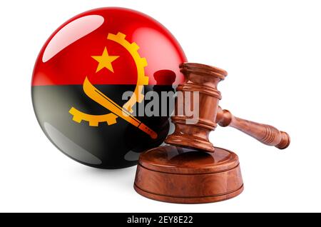 Angolanische Recht und Gerechtigkeit Konzept. Holzfahne mit Flagge von Angola. 3D Rendering isoliert auf weißem Hintergrund Stockfoto