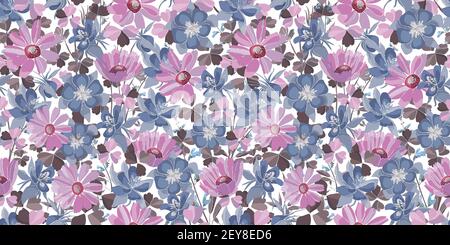 Vektor florale Nahtloses Muster. Pastellblumen und Blätter. Rosa, blaue, lila florale Elemente. Stock Vektor