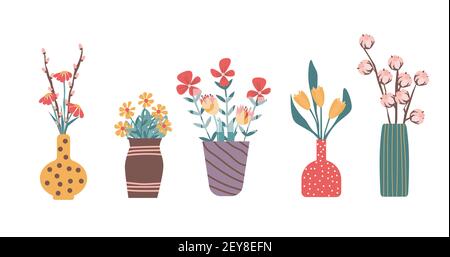 Vase mit Blumen auf weißem Hintergrund Vektor-Illustration gesetzt Stock Vektor