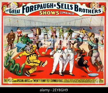 Great Forepaugh & Sells Brothers. Zeigt kombiniert an. Zirkus-Poster 1899, alt und vintage. Feat the Frolics und amüsante Possen von Twenty Funny. Stockfoto