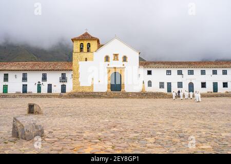 Pfarrkirche des Hauptplatzes, Villa de Leyva, Boyaca, Kolumbien Stockfoto