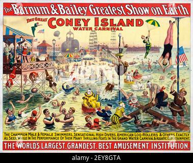 Die größte Show der Welt von Barnum & Bailey. Coney Island Water Festival. Klassisches Circus-Poster im alten und Vintage-Stil. Antike Reklametafeln. 1898. Stockfoto