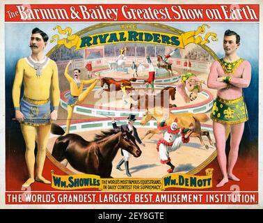 The Barnum & Bailey Greatest Show on Earth. Klassisches Zirkus-Poster, alt und Vintage-Stil. Antike Werbetafel. Die Rivalen Reiter. Berühmte Reiter. Stockfoto