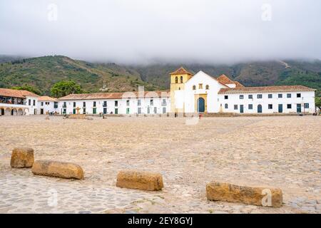 Pfarrkirche des Hauptplatzes, Villa de Leyva, Boyaca, Kolumbien Stockfoto