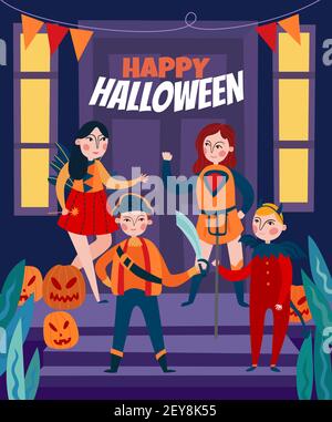 Halloween Kinder Komposition von vier flachen menschlichen Charakteren auf der Bühne Mit Kürbissen und editierbarer Text-Vektor-Illustration Stock Vektor
