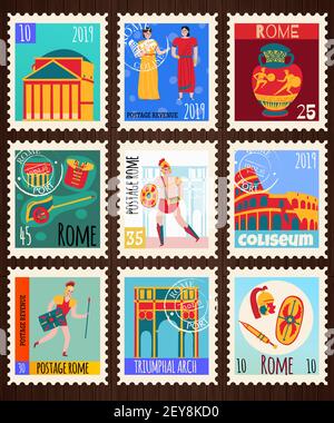 Antike rom Empire-Karten Satz von Briefmarken mit Wohnung Kompositionen von Sehenswürdigkeiten und Menschen Vektor Illustration Stock Vektor