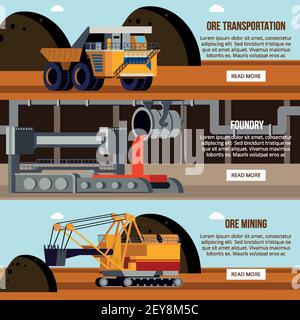 Stahlproduktion Gießerei Arbeit Shop Erz Bergbau und Transport-Set Von flachen horizontalen Banner isoliert Vektor-Illustration Stock Vektor