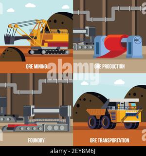 Metallurgie flaches Design-Konzept mit Erzbergbau und Transportgießerei Maschinen für die Stahlproduktion isolierte Vektor-Illustration Stock Vektor