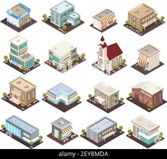 Stadtarchitektur historische und moderne öffentliche Gebäude isometrische Ikonen gesetzt Mit Museum Cafe Krankenhaus isoliert Vektor-Illustrationen Stock Vektor