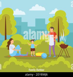 Familie Sommer Outdoor-Aktivitäten orthogonale Zusammensetzung mit Grill Picknick in park mit Stadt Skyline Hintergrund Vektor Illustration Stock Vektor