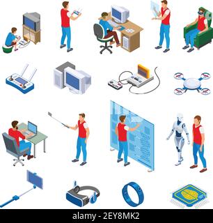 Digitale Gadget Evolution isometrische Symbole mit menschlichen Zeichen Computer-Technologie Und Roboter isoliert Vektor-Illustration Stock Vektor