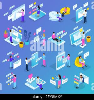 Virtuelle Kommunikation isometrische Symbole mit E-Mail-Chat-Nachrichten elektronisch gesetzt Vektordarstellung für Gerätsymbole Stock Vektor