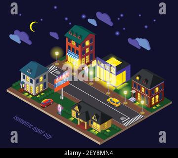Nachtsvorort mit leuchtenden Häusern Geschäfte und Straßeninfrastruktur isometrisch Komposition auf Vektorgrafik mit dunklem Hintergrund Stock Vektor