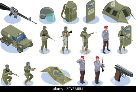 Militärische Spezialeinheiten Satz von isometrischen Symbolen mit Soldaten in Uniform und Bewaffnung Elemente isoliert Vektor Illustration Stock Vektor