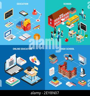 Bildung isometrische 2x2 Design-Konzept mit Schulgebäude Werkzeuge für Studieren in der Klasse oder E-Learning 3D isolierte Vektor-Illustration Stock Vektor