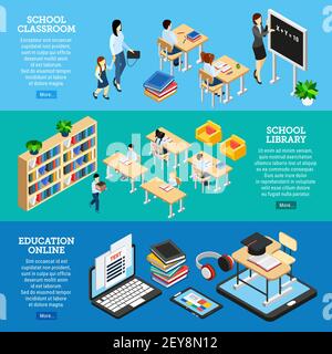 Satz von drei horizontalen isometrischen Bannern mit Schülern, die online studieren In Klassenzimmer und Bibliothek 3D isolierte Vektor-Illustration Stock Vektor