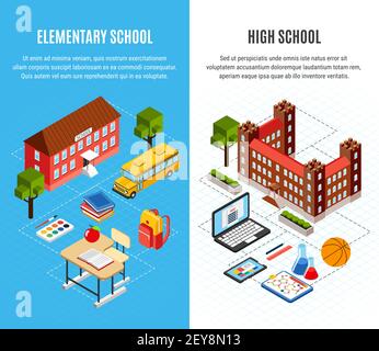 Bildung isometrische vertikale Banner mit hoch-und Grundschule gesetzt Gebäude und Objekte für das Studium 3D isolierte Vektor-Illustration Stock Vektor