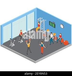 Fitness isometrische Zusammensetzung mit Sport-Fitnessraum mit großen Fenstern Sportausrüstung und Menschen arbeiten Vektor-Illustration Stock Vektor