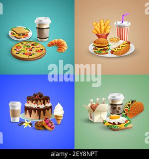 Fast Food Cartoon 2x2 Design-Konzept mit Burger Pizza Sandwiches Kuchen Eis Cola isoliert auf bunten Hintergrund Vektor-Illustration Stock Vektor