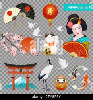 Japanische nationale Symbole realistische Set mit Kirschblüten Geisha Kran Gate fuji Mount transparente Hintergrund Vektor-Illustration Stock Vektor