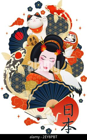 Japanische Geisha mit bunten Karpfen Kran winkende Katze National umgeben Symbole Zusammensetzung dekorative Poster realistische Vektor-Illustration Stock Vektor