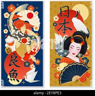 Japanische Kultur Symbole Traditionen 2 realistische vertikale Banner mit Geisha Sonne Karpfen Kran isoliert realistische Vektor-Illustration Stock Vektor