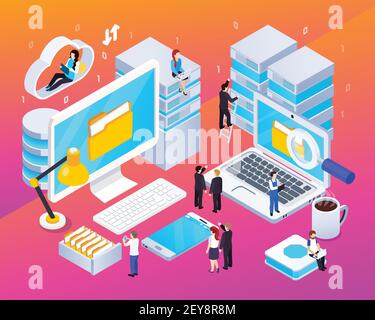 Big Data Streams Verarbeitung Analyse Technologien Tools isometrische bunte Leuchten Komposition mit Computer Cloud Office Vektor Illustration Stock Vektor