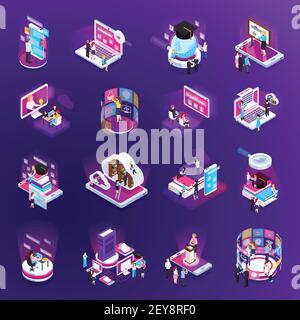 E-Learning Online-Training Bildung virtuelle Bibliothek entfernt Tutoren leuchten isometrisch Symbole setzen violette Hintergrund Vektor-Illustration Stock Vektor