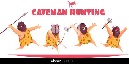 Caveman Jagd Design-Konzept mit primitiven Männer halten verschiedene Art Von alten Waffe Cartoon Vektor Illustration Stock Vektor