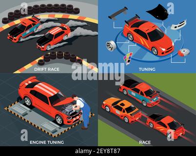 Auto Tuning 2x2 Design-Konzept Satz von Motor und Karosserie Modifikationen für Drift Race isometrische Vektor-Illustration Stock Vektor