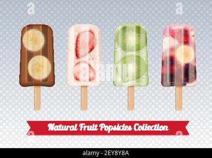 Fruchtlibelle Eis realistische Satz von gefrorenen fruchtigen Eis Kleben Konfektionsbilder auf transparente Hintergrund Vektor-Illustration Stock Vektor
