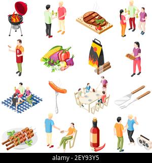Grill bbq Party isometrische Icons Sammlung mit isolierten Icons von Grill Essen im Freien Grill und Menschen Vektor Illustration Stock Vektor