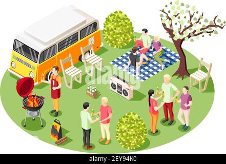 Grill bbq Party isometrische Zusammensetzung mit Gruppe von Menschen mit Grill Heckklappe Party im Freien in der Nähe Minivan Vektor Illustration Stock Vektor