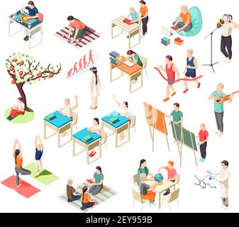 Alternative Bildung isometrische Symbole Sammlung mit isolierten Bildern von deschooling Situationen mit menschlichen Charakteren der Schüler Vektor-Illustration Stock Vektor