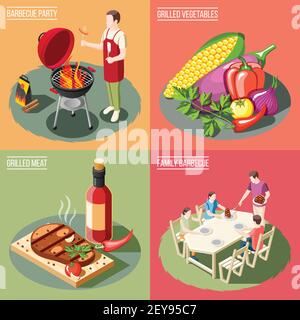 Grill bbq Party isometrisches 2x2 Design-Konzept mit verschiedenen Servieren Beispiele für Grillfutter mit Menschen Vektorgrafik Stock Vektor