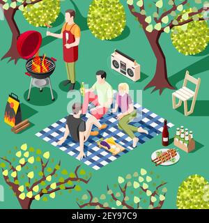 Grill bbq Party isometrischen Hintergrund mit Gruppe von jungen Freunden Rast in der wilden Landschaft Vektor-Illustration Stock Vektor