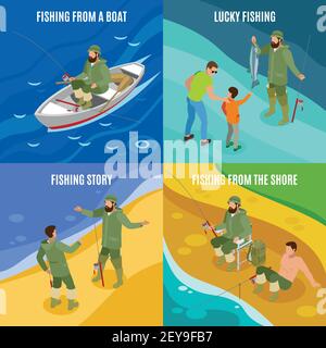 Fischer während der Kommunion und mit Haul isometrischen Konzept Fang aus Boot und an Land isolierte Vektordarstellung Stock Vektor