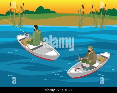 Fischer in Booten mit Spinnruten beim Fischfang Fluss isometrische Vektor-Illustration Stock Vektor
