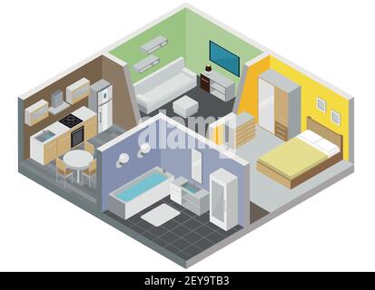 Zwei-Zimmer-Apartment-Design-Konzept mit Küche Bad Schlafzimmer und Wohnzimmer isometrische Vektor-Illustration Stock Vektor