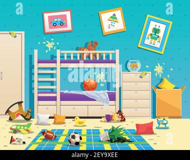 Die Inneneinrichtung im Kinderzimmer war dreckig und an der Wand waren Flecken Verstreute Spielzeug auf dem Boden flache Vektor-Illustration Stock Vektor