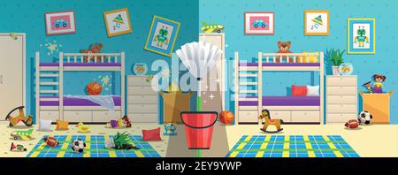 Chaotisch Kinderzimmer mit Möbeln und Innenobjekten vor und Nach dem Reinigen der flachen Vektorgrafik Stock Vektor