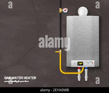 Farbige und realistische Gas-Wasser-Heizkessel Zusammensetzung mit Werkzeugen An der Wand auf grauem Hintergrund Vektorgrafik Stock Vektor