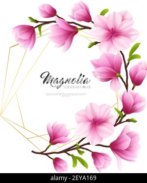 Farbige realistische Magnolienblumenabbildung mit Gold und rosa Komposition Stilvolle und Beauty-Vektor-Illustration Stock Vektor