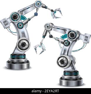 Roboterarm realistisches Set mit modernen Technologie Symbole isoliert Vektor Abbildung Stock Vektor