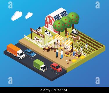 Landwirtschaft Landschaft isometrische Hintergrund mit Scheune Haus und Bauernmarkt Und Bauernhof Lebensmittel Schild Vektor Illustration Stock Vektor