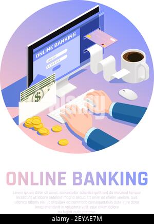 Buchführung isometrische Runde Zusammensetzung mit Online-Banking für Einkommen und Zahlungsvektordarstellung Stock Vektor
