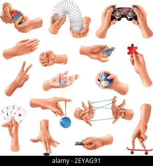 Große Reihe von realistischen Symbolen mit menschlichen Händen spielen anders Spiele isoliert auf weißem Hintergrund Vektor Illustration Stock Vektor