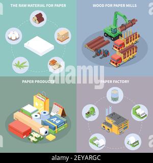 Symbole für das Konzept der Papierproduktion, die mit isometrischen Symbolen für Papierfabriken gesetzt sind Isolierte Vektordarstellung Stock Vektor