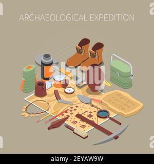 Archäologische Expedition Konzept mit antiken Resten und Artefakte Symbole isometrisch vektorgrafik Stock Vektor